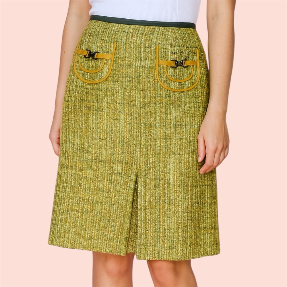 Cynthia Steffe Chartreuse Moss Green Tweed A-Line Skirt